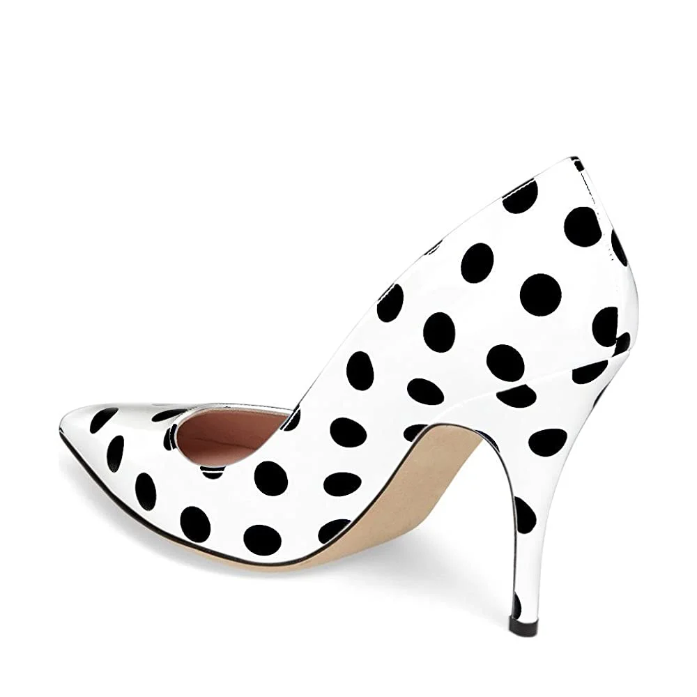 Black & White Polka Dot Patent Leather Pointed Stiletto Heel Pumps 