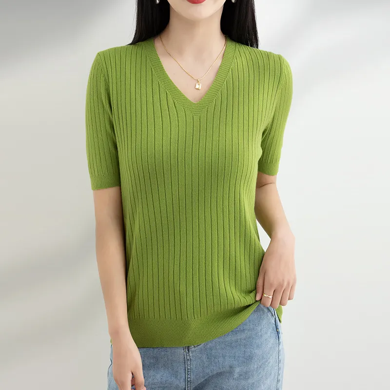 Churchf Churchf The Summer Of 2024, Women's Knit Short Sleeve Korean V-Neck Solid Color T-Shirt And A Pit Top