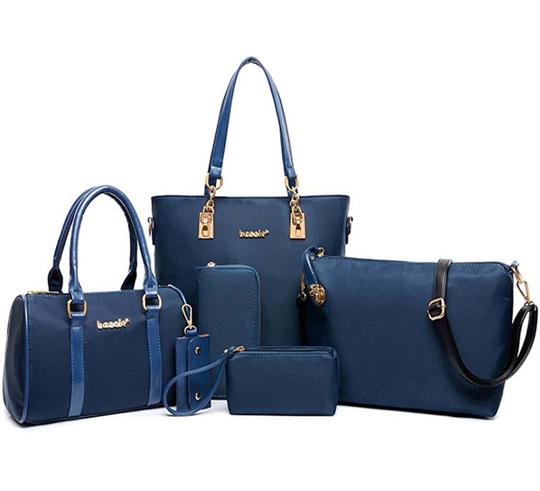 Women 6Pcs Handbag Set Nylon Top Handle Bag Totes Satchels Crossbody Shoulder Bags and Purse Clutch