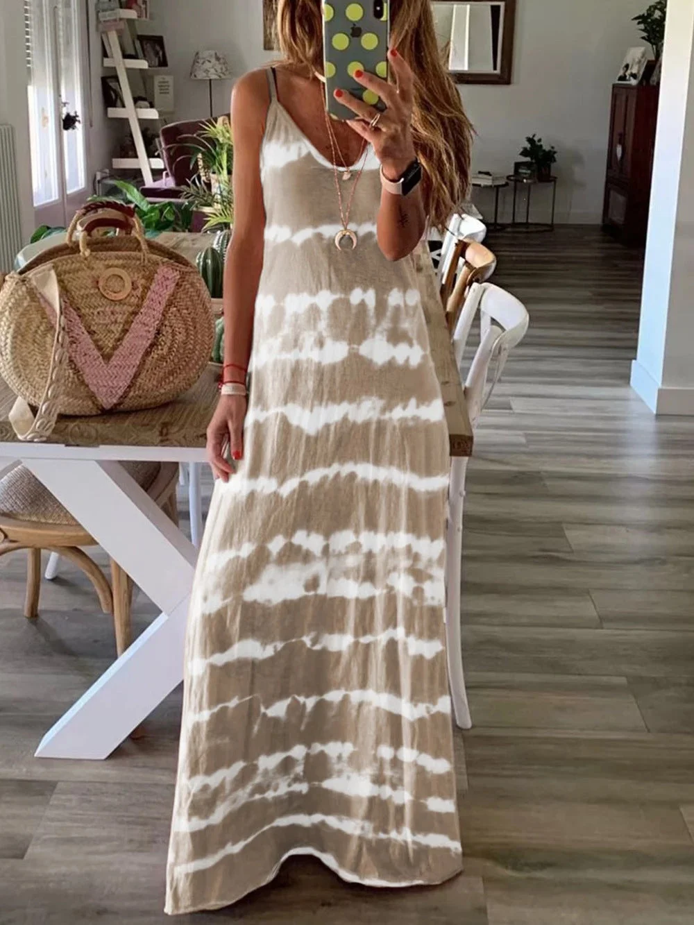 Brownm Neck Stripes Striped Straps Long Dress