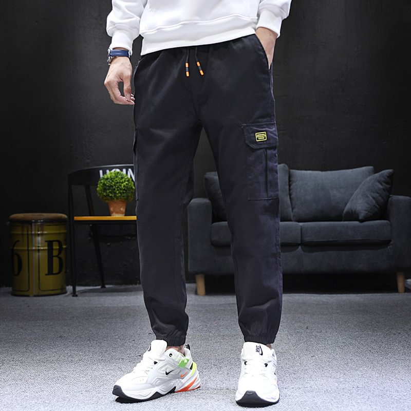 Lianxu Men's Ankle-tied Pants Loose Multi-pocket Workwear Style Ankle Banded Fashion Cargo Pants
