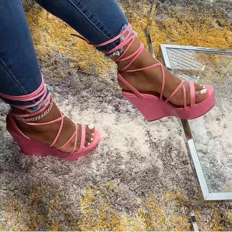 2021 Pink New Summer Women Sandals Open-toe High-heeled Sandal Casual Solid Color Ankle Strap Sandalias Zapatillas Mujer