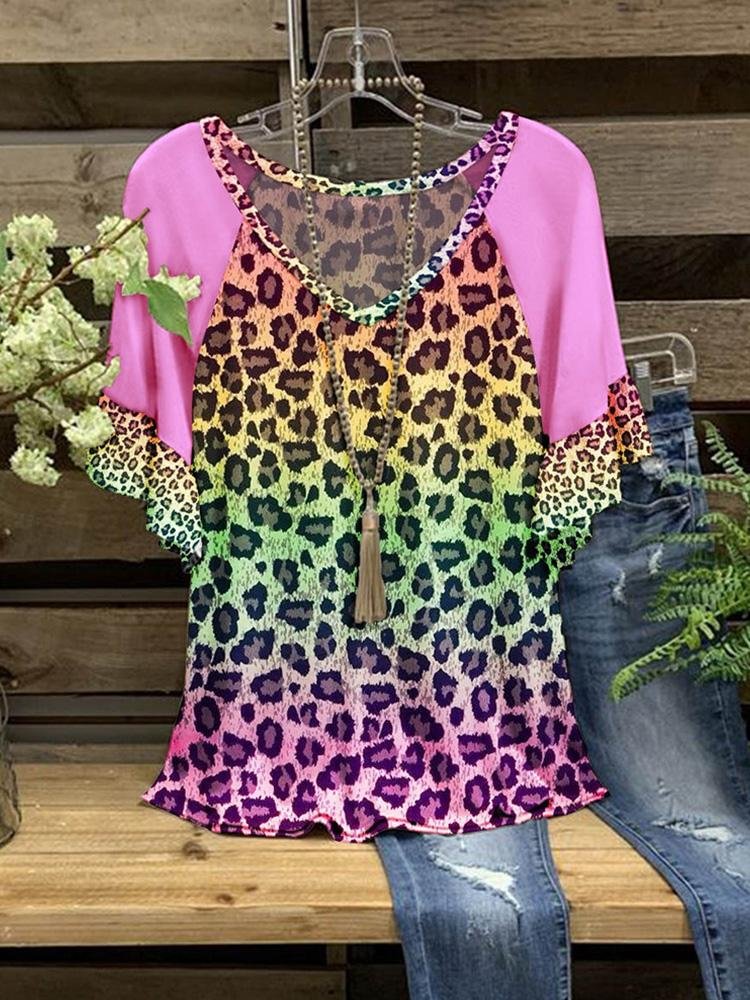 Women's New Summer V-neck T-shirt Pink Leopard Print Short-sleeved T-shirt