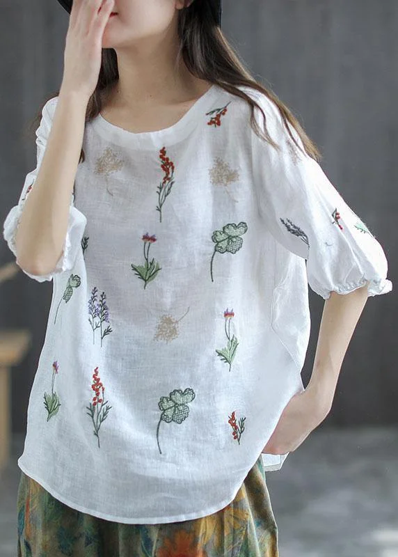 Plus Size Pink Embroidered O-Neck Half Sleeve Ramie Blouses Summer
