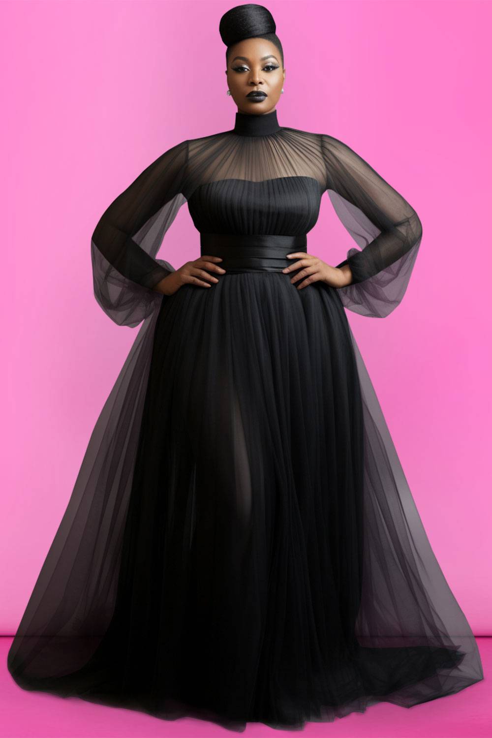 Design Plus Size Formal Elegant Black Spring Summer Mock Neck Lantern Sleeve Long Sleeve See Through Mesh Tulle Maxi Dresses [Pre-Order]