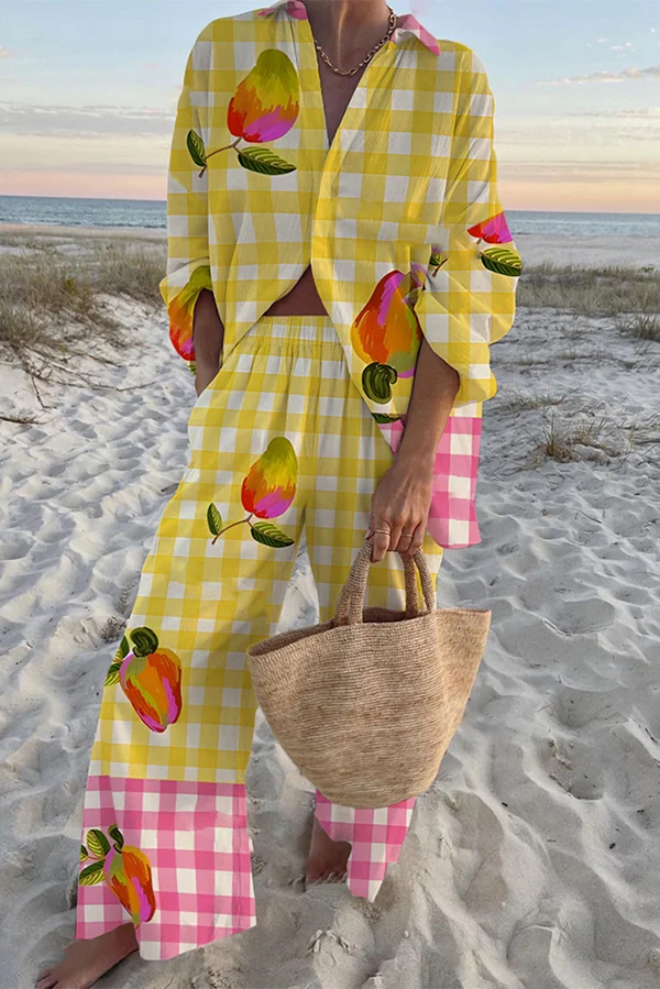 Plaid Fruit Print Oversized Shirt and Elastic Waist Pocket Pants Set