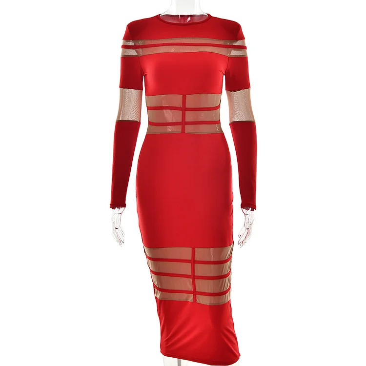 Sexy Patchwork Sheer Long Sleeve Slim Fit Dress