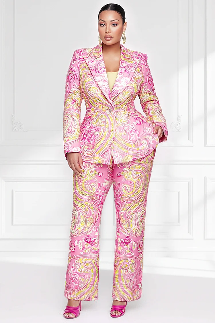 Xpluswear Design Plus Size Formal Pink Graphic Lapel Collar Long Sleeve Pocket Satin Two Piece Pant Suits [Pre-Order] 2024 - Xpluswear