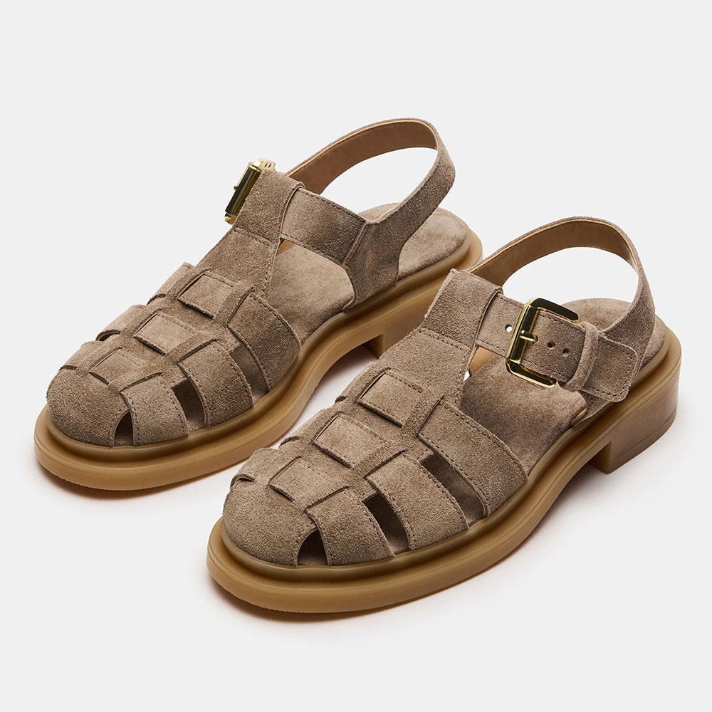 Women's Khaki Vegan Suede Block Heel Closed Toe Sandals with Buckle Nicepairs