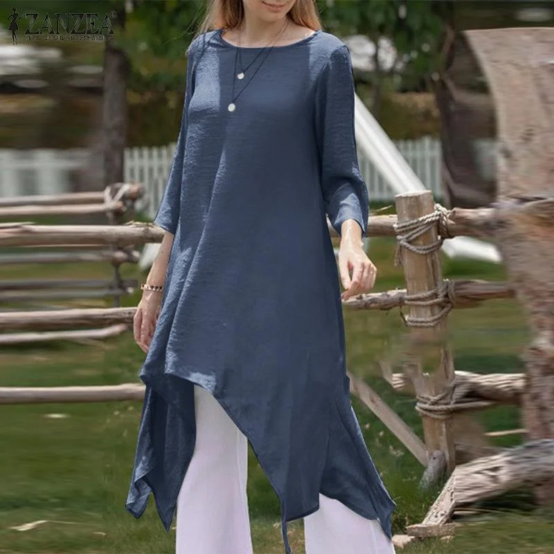 ZANZEA Fashion Autumn O Neck 3/4 Sleeve Long Shirt Women Asymmetrical Blouse Casual Solid Blusas Loose Tunic Tops Oversized