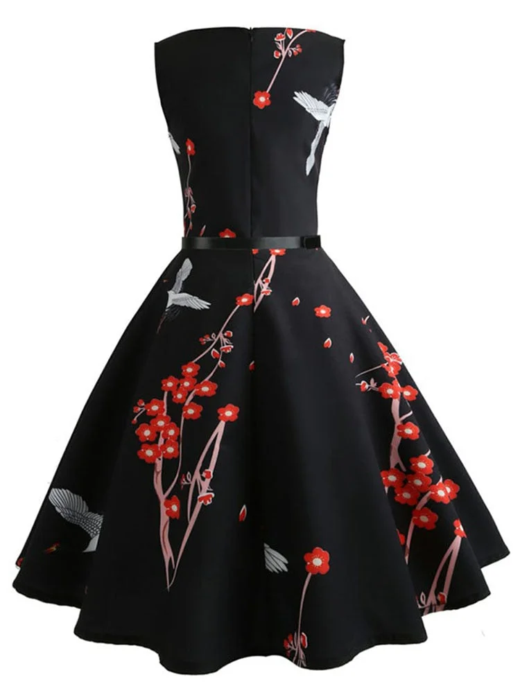 Floral Printed Women Summer Dresses 2022 Elegant O-neck Sleeveless Tank Robe Vintage Rockabilly Dress Pinup Swing with Belt