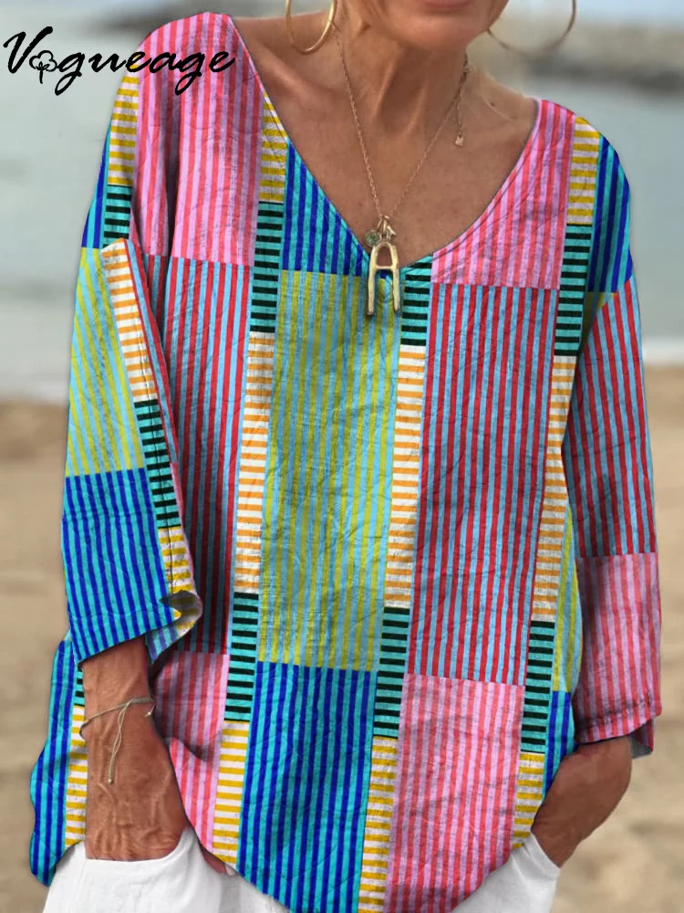 Casual Bright Color Lines 3/4 Sleeves Printed Cotton And Linen Shirt