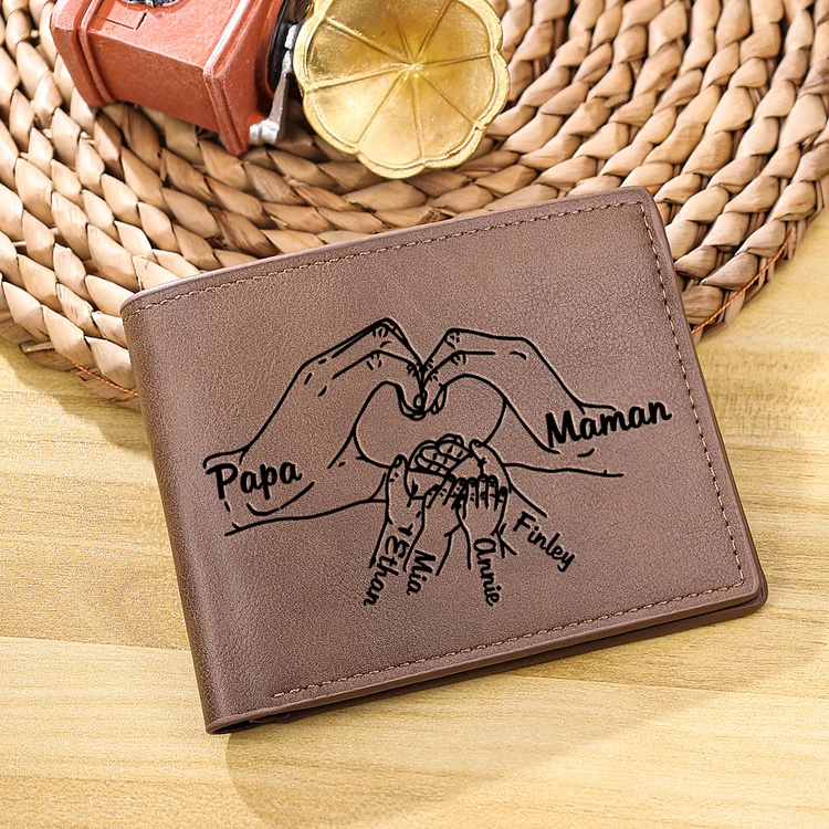 6 Names-Personalized Leather Mens Wallet Engraved 6 Names And Photo Fist Bump Folding Wallet Set With Gift Card Gift Box Father's Day Gifts