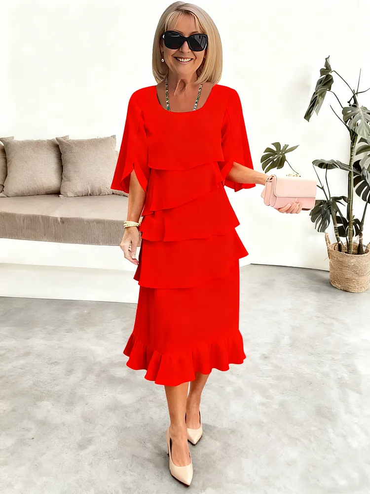 (Length end to the knee)Black Dress Style Fashion Solid Color Round Neck Cake Skirt Splicing Dress Women's Clothing