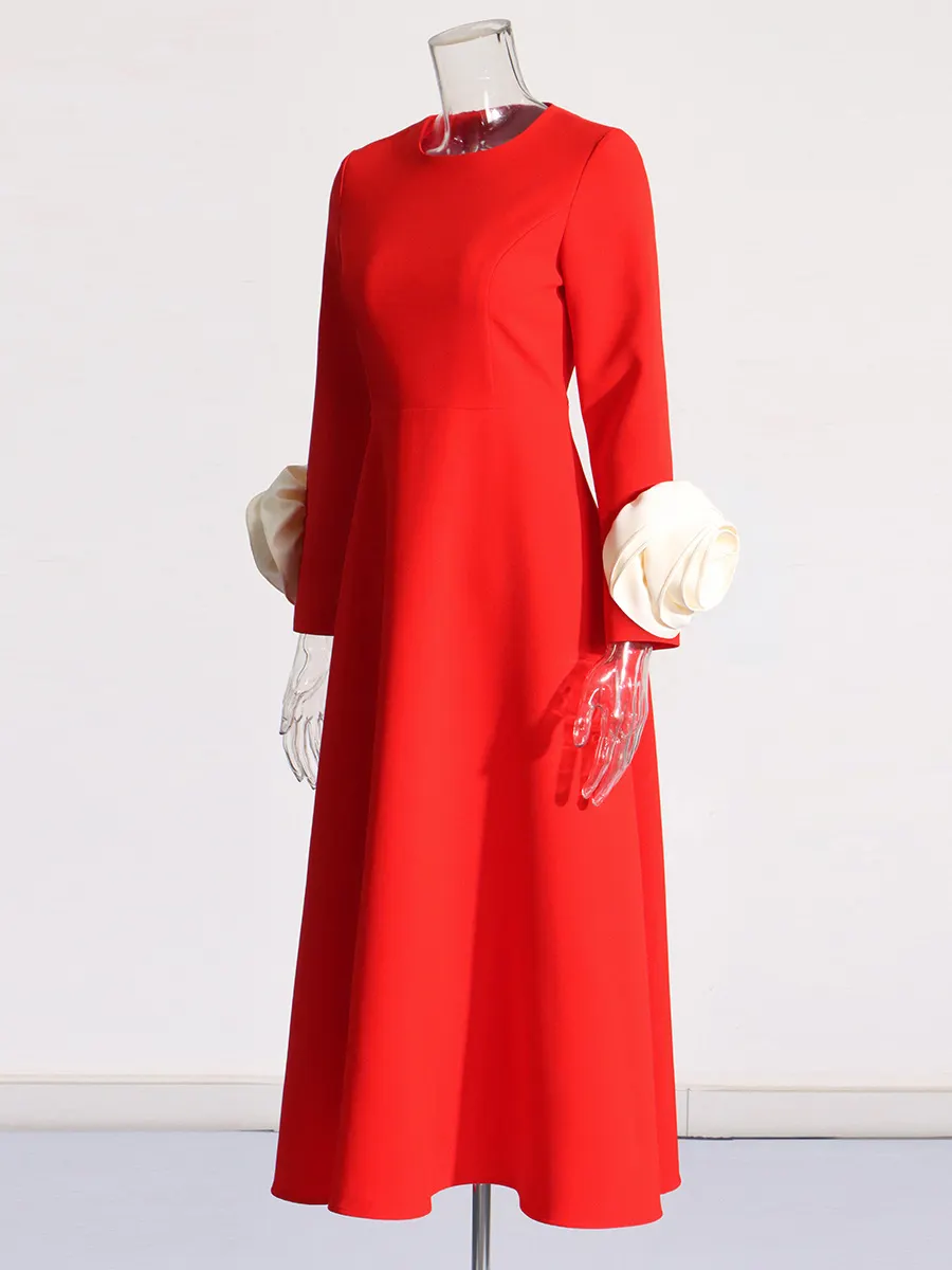 Brownm Spring 2025 New Fashion Temperament Round Collar Three-Dimensional Rose Splicing Design Long Sleeve Slim Slimming Dress