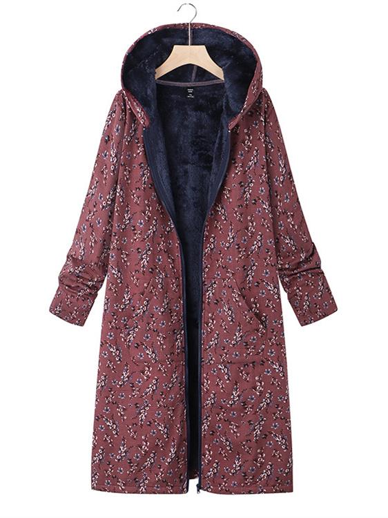 Women's Long Sleeve Floral Printed Hooded Coat Top