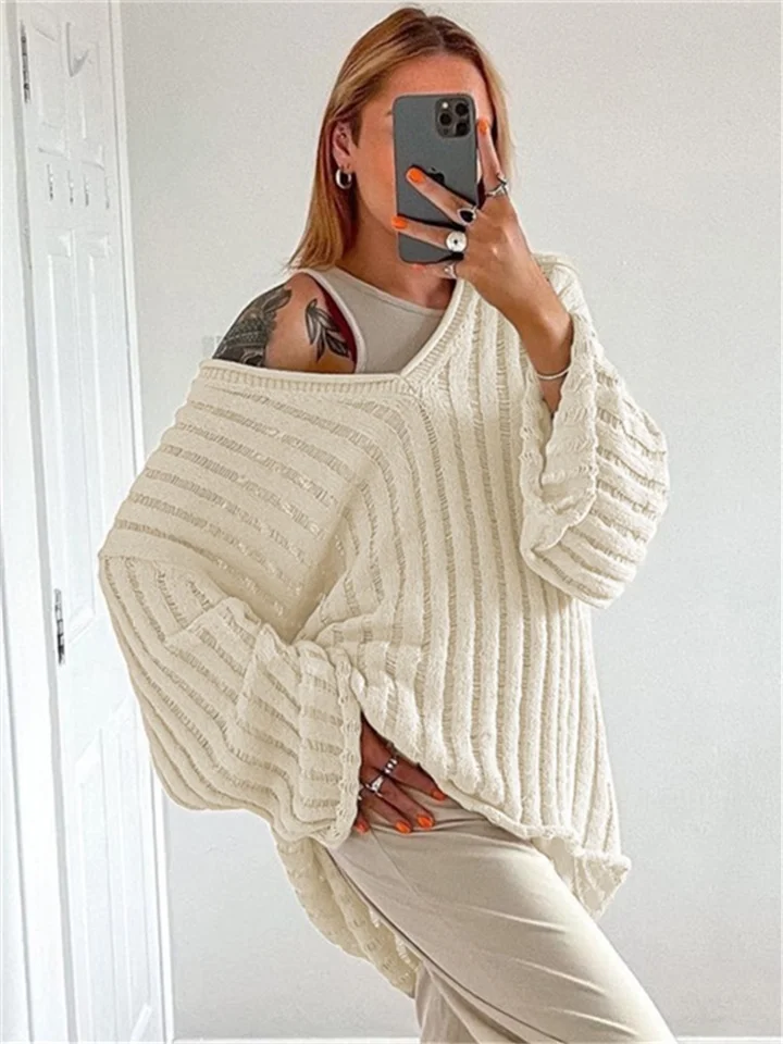 V-Neck Loose Fashion Casual Solid Color Sweater | IFYHOME