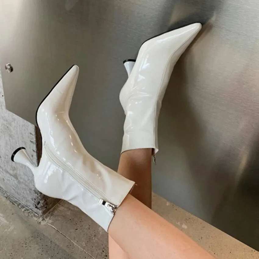 2021 Winter Fashion Women Boots Ladies Thin High Heel Pointed Toe Zipper Ankle Boots Patent Leather Female Short Boots