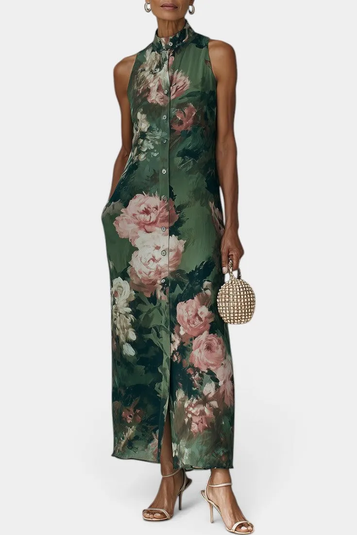 High Neck Button-Front Floral Maxi Dress