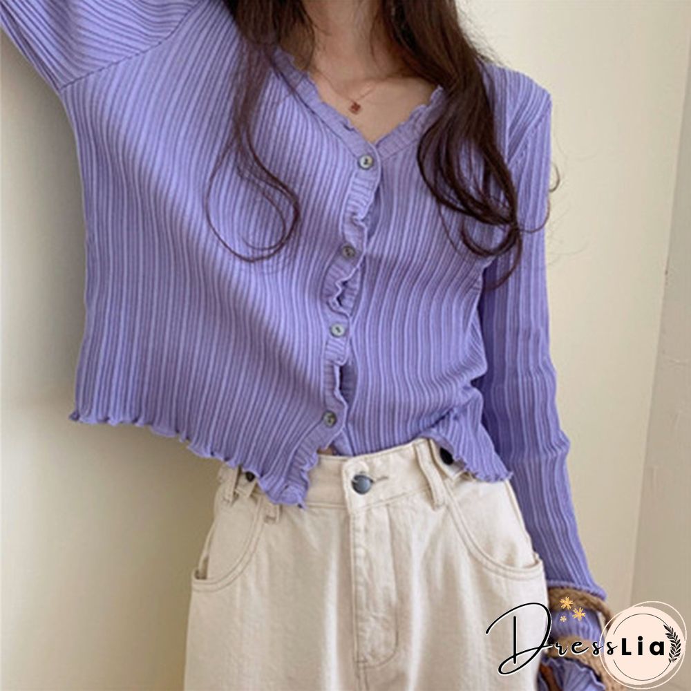 Women's V-neck Long-sleeved Thin Cardigan Short Loose Lazy Top Spring and Autumn