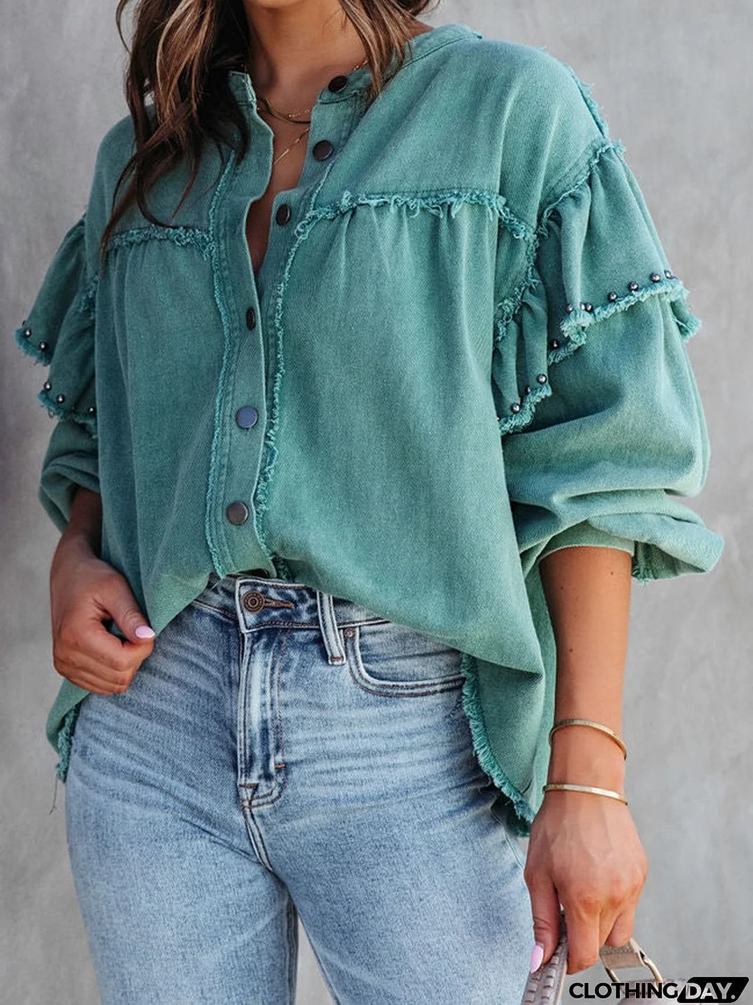 Button Down Raw Hem Denim Jacket