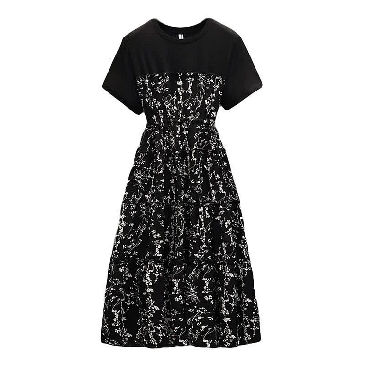 Plus Size Floral Print Drawstring Loose T-Shirt Dress - Modakawa modakawa