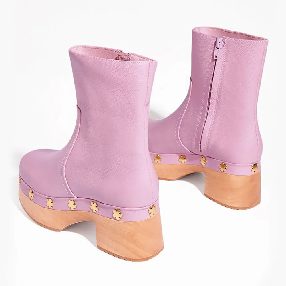 Light Purple Chunky Heel Flower Studded Platform Booties with Zipper