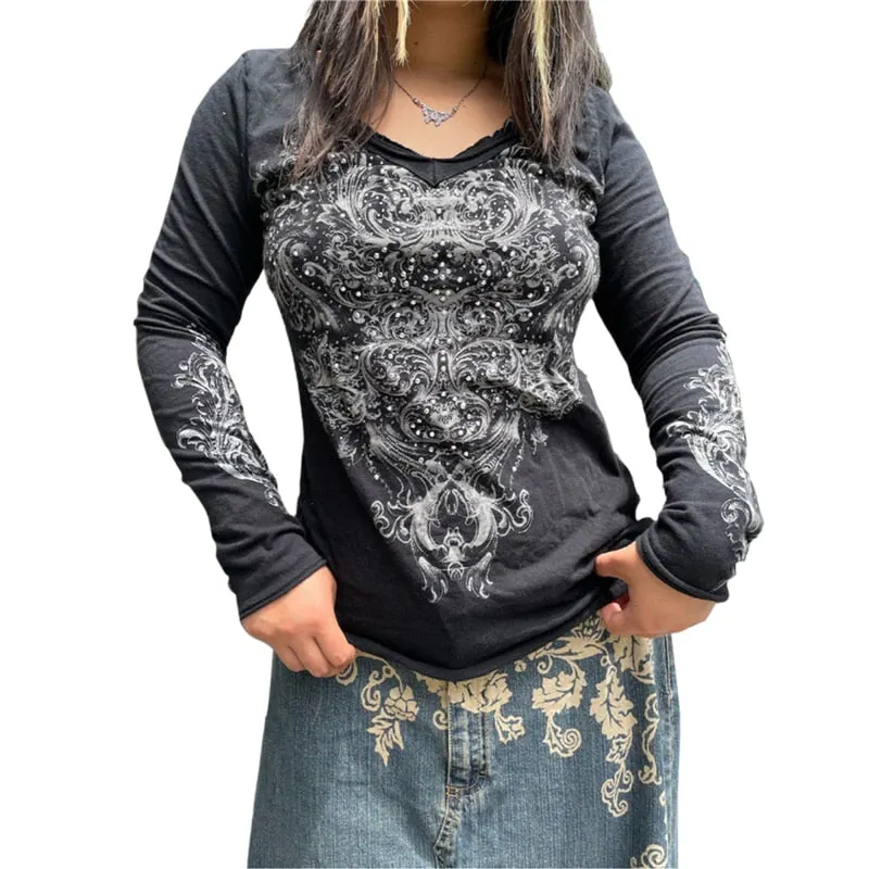 Xingqing Angel Wings Print Tops Fairy Grunge Graphic T Shirts Vintage Indie Aesthetic Clothes Cyber Y2k Slim Long Sleeve Top