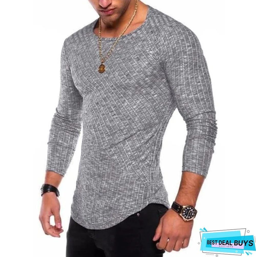 Men Long Sleeve T-Shirt Casual Round Neck Striped Elastic Fit Funny Streetwear Solid T-Shirt Hip Hop Tops