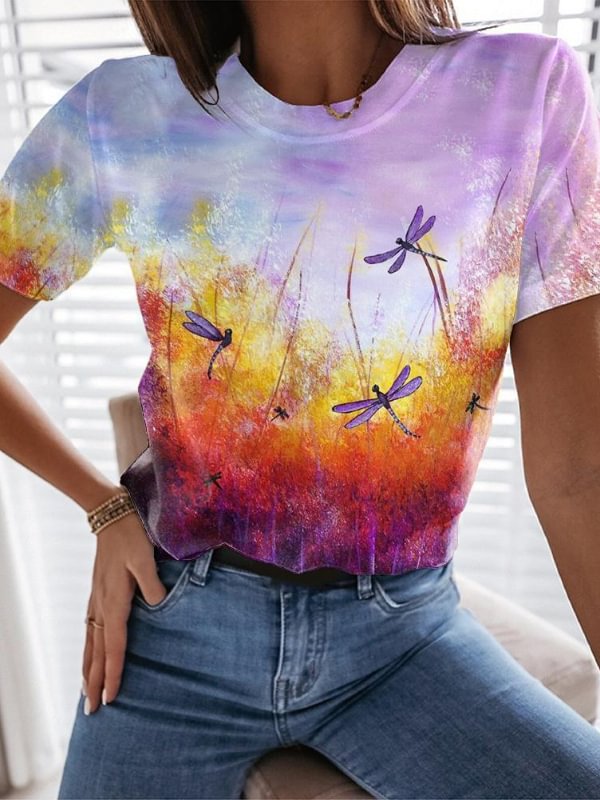 Dragonfly In The Sunset Printed Casual Tee