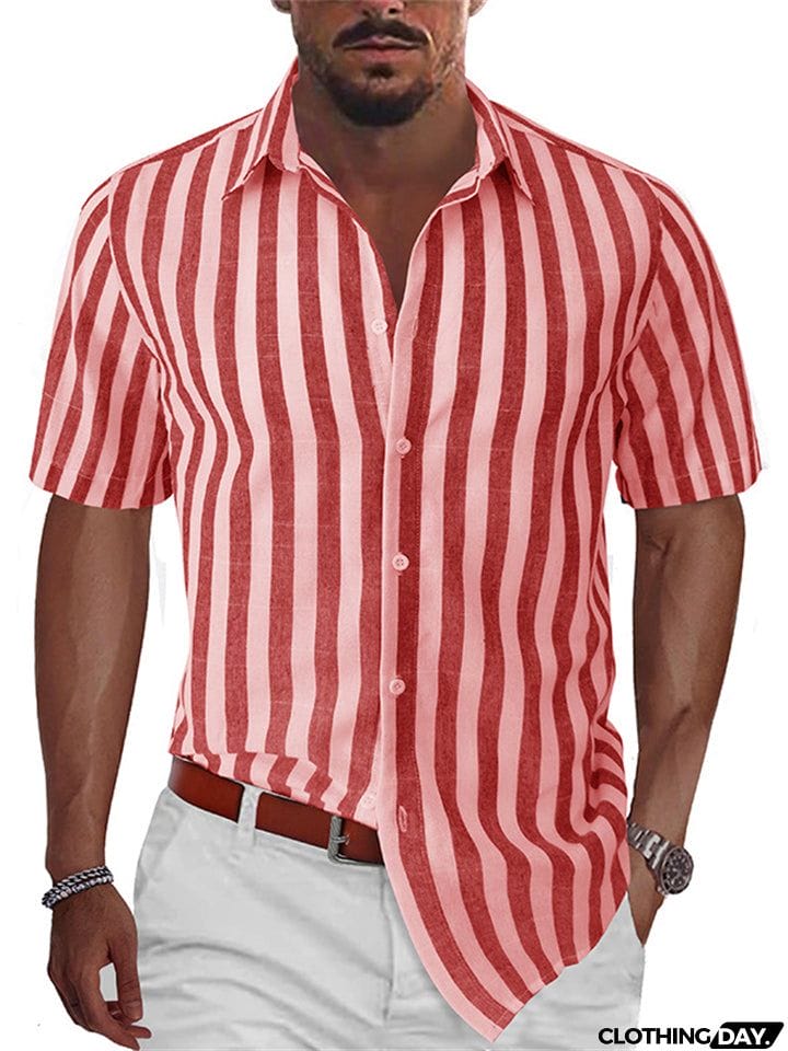 Men's Summer Classic Stripe Lapel Short Sleeve Button Beach Shirts
