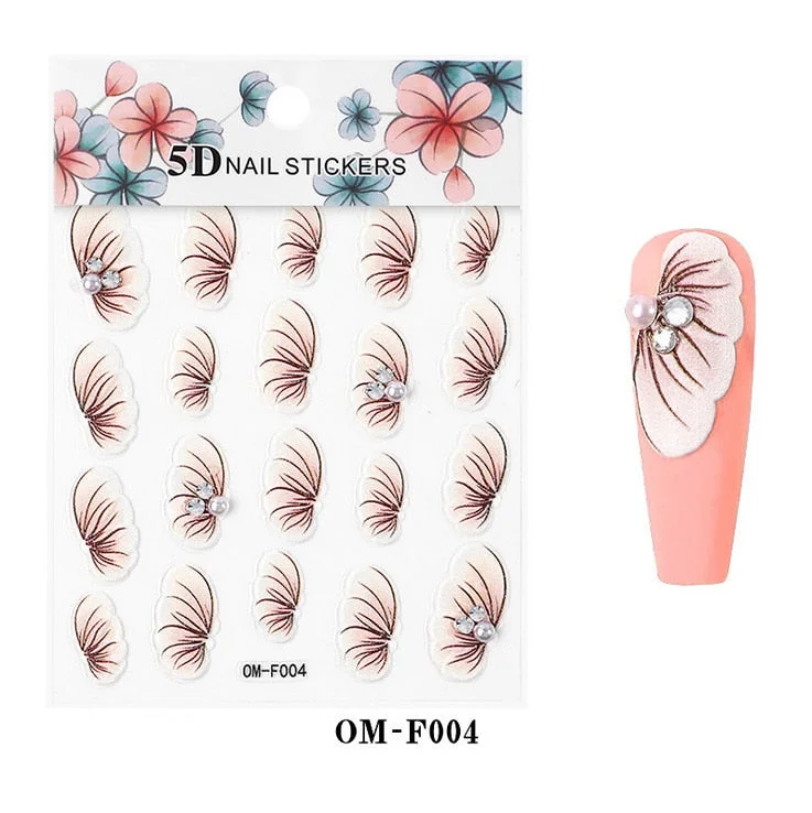 Nail Stickers Embossed 5D Flowers With Pearls Rhinestones Back Glue Nail Decals Decoration Tips For Beauty Salons-Nail Inspo