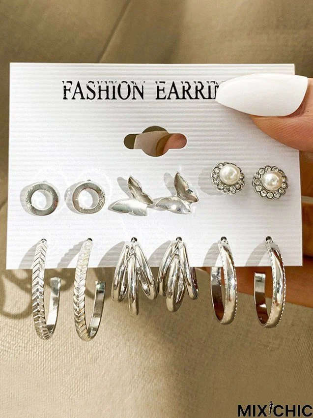 6Pcs Casual Daily Butterfly Pattern Hoop Earrings Stud Set