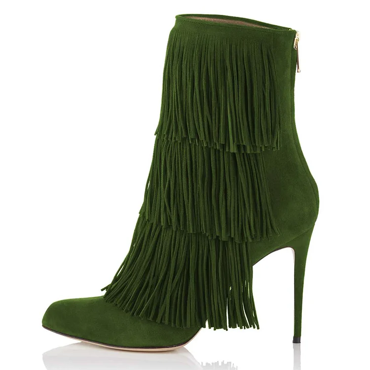 Green Vegan Suede Fringe Boots Stiletto Heel Ankle Boots |FSJ Shoes