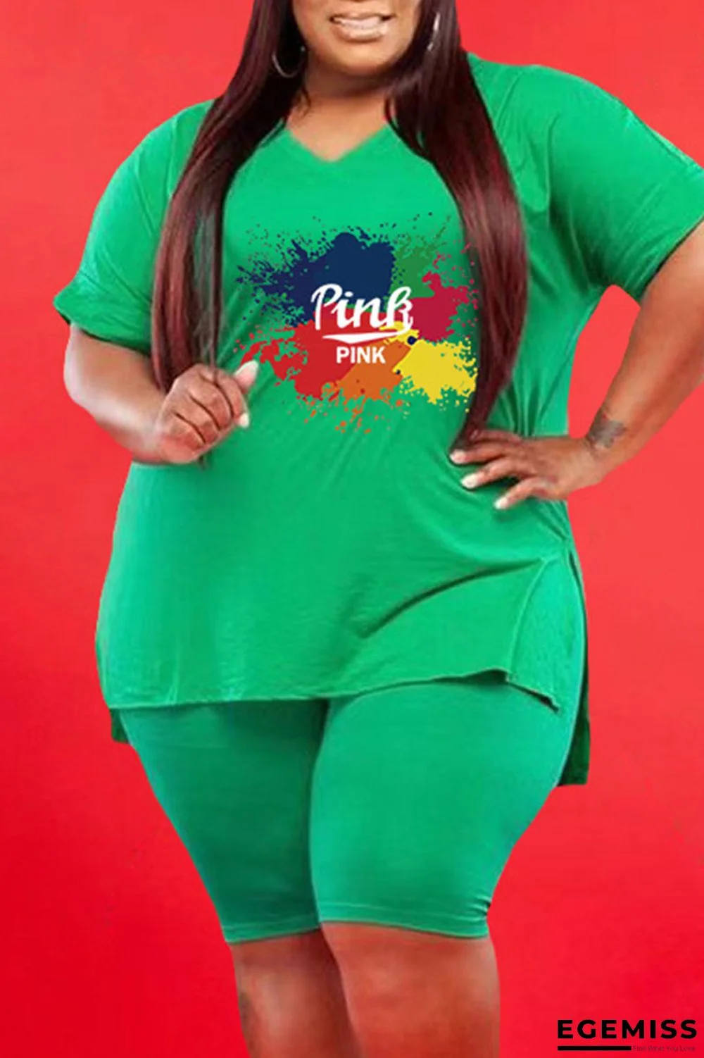 Green Casual Print V Neck Plus Size Two Pieces | EGEMISS