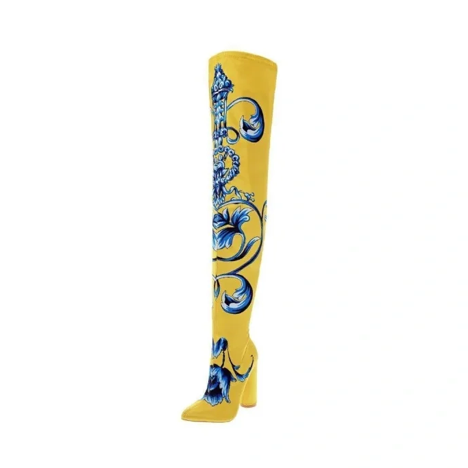 Satin Yellow Thigh High Floral Chunky Heel  Fall Boots Vdcoo