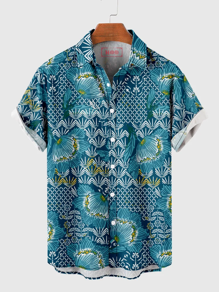 Full-Print DarkCyanBlue Floral Printing Hawaiian Men's Short Sleeve Shirt