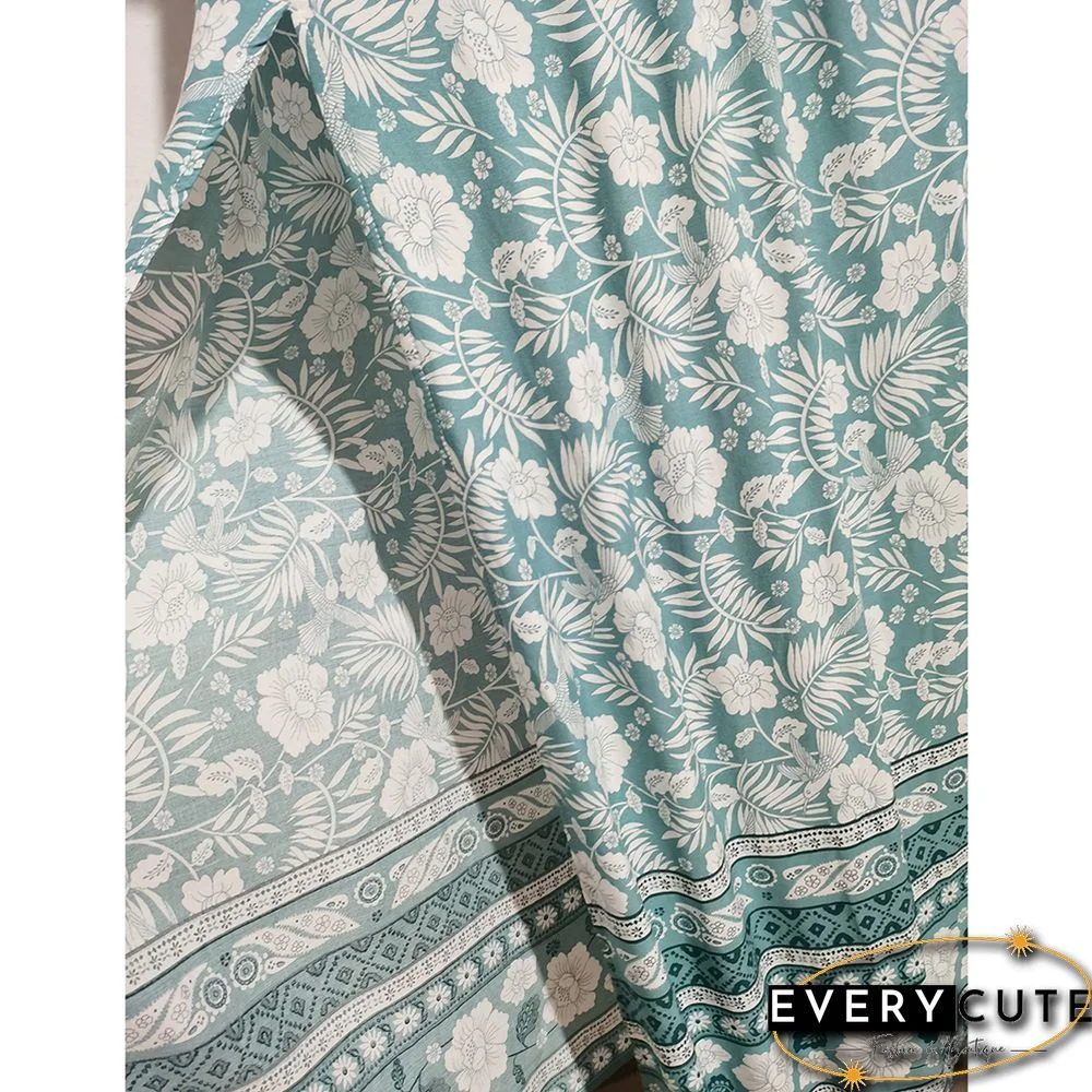 Green V Neck Bohemia Top And Split Skirt Set