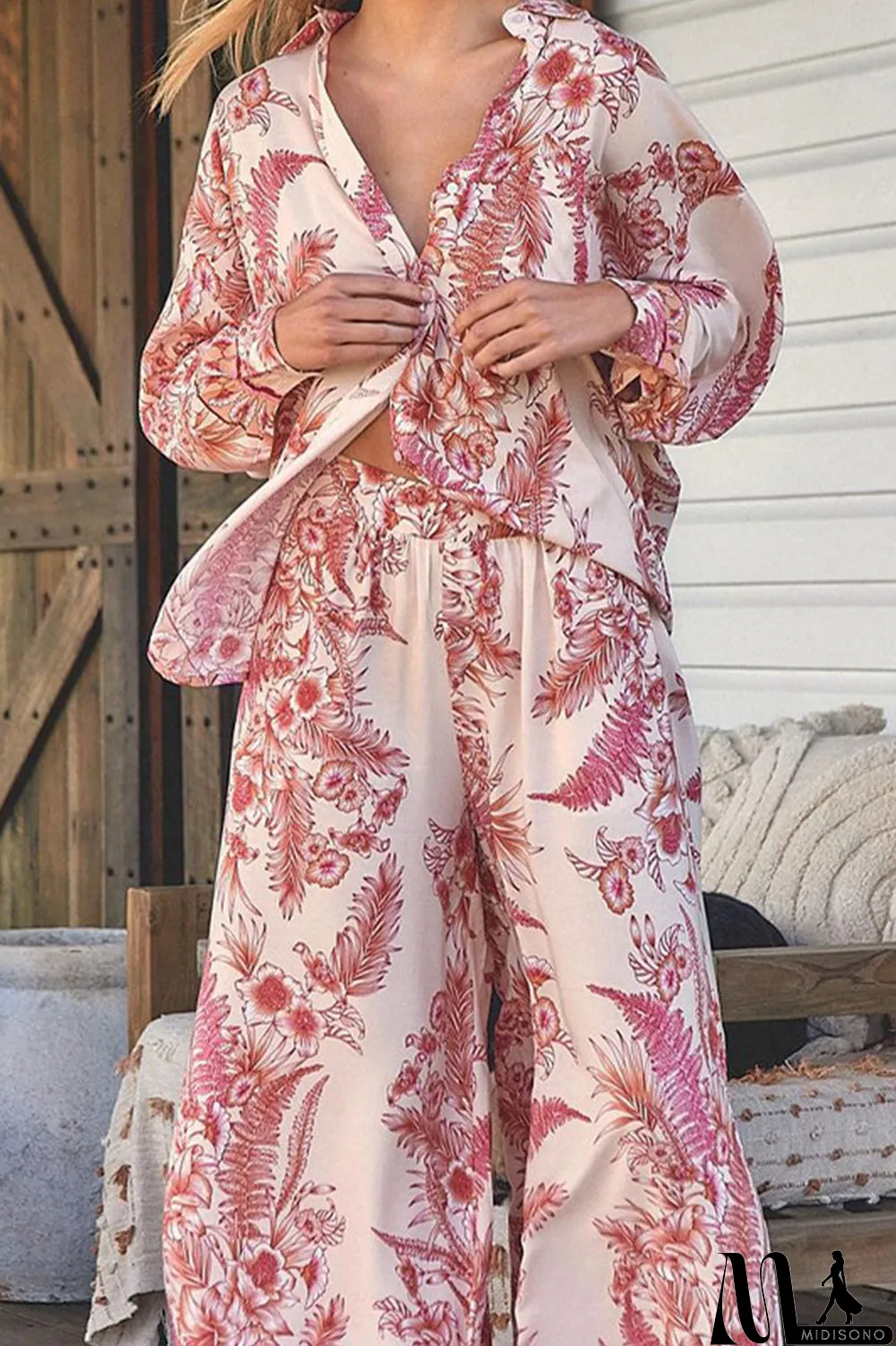 MidiSono - Casual Print Pocket Turndown Collar Long Sleeve Two Pieces