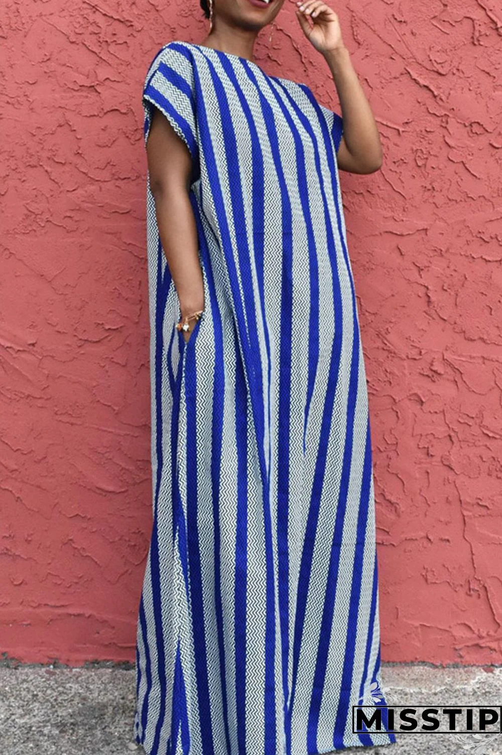 Blue Casual Striped Print Patchwork Backless O Neck Straight Dresses