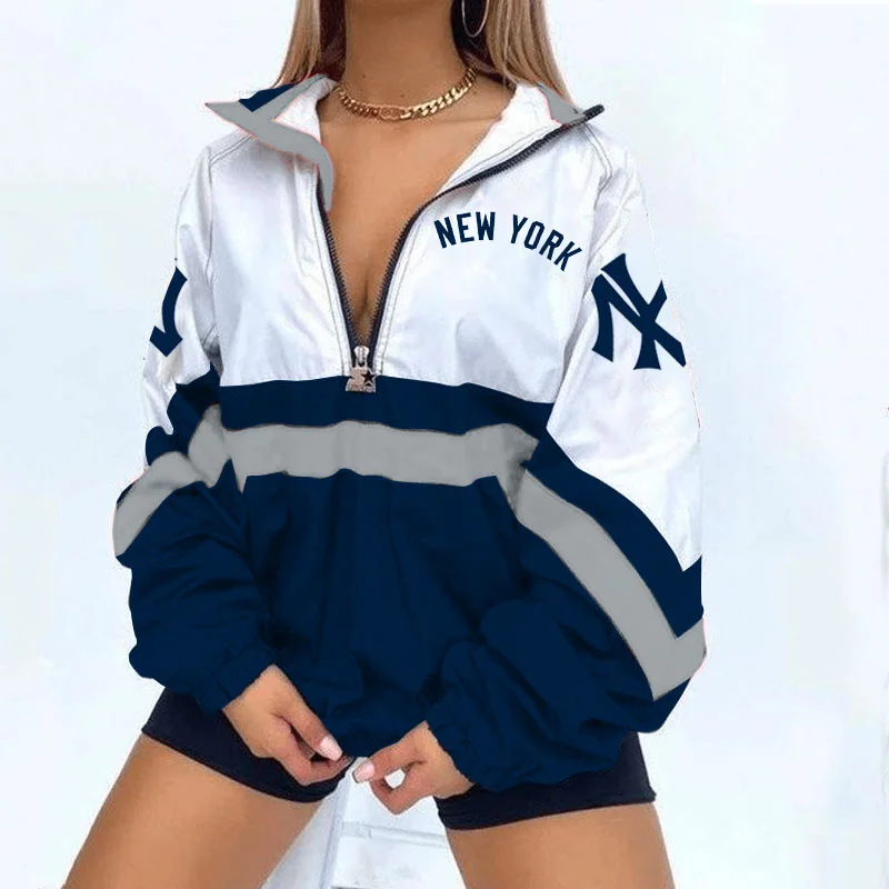 Women's Support New York Yankees Jackets Baseball Print V Neck Zipper Sweatshirt Jacket