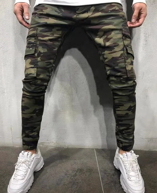 Casual Camouflage Denim Pencil Pants With Pockets