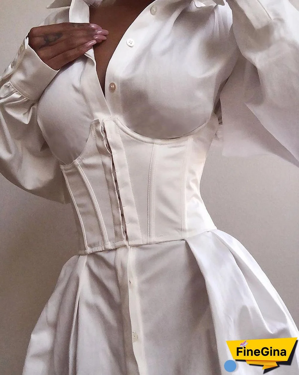 Solid Long Sleeve Tight Waist Buttoned Shirt Dress P15209