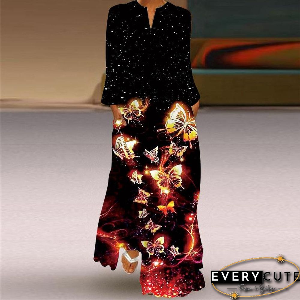 Long-Sleeve Pocket Pattern Dress