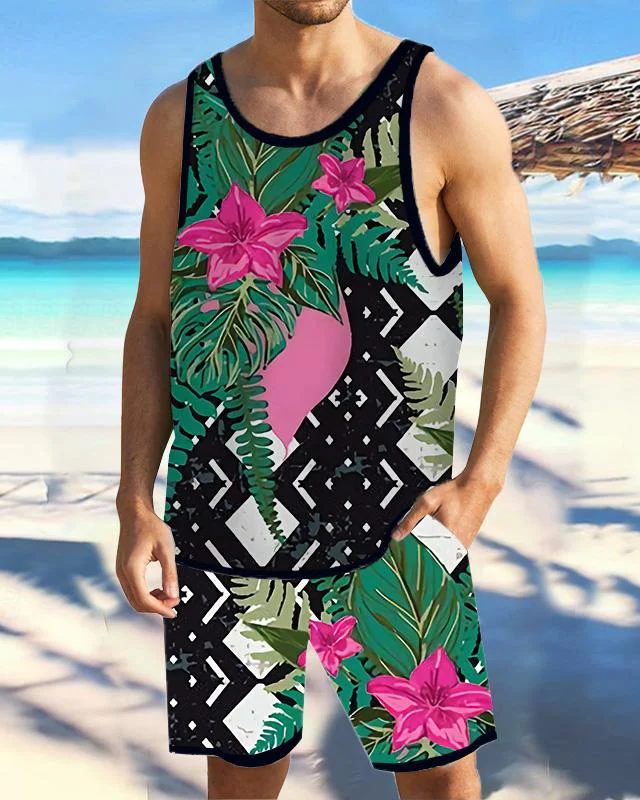 Men's Casual Resort Printed Vest Set 037