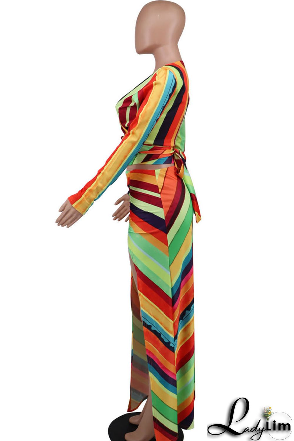 Red Casual Print Patchwork Slit V Neck Long Sleeve Two Pieces