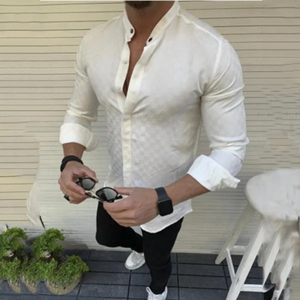 Leisure Solid Color Check Men's Long Sleeve Shirt | EGEMISS