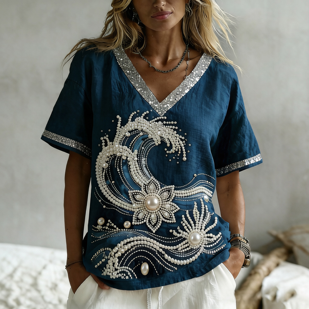 Retro Japanese Art Floral With Pearl Waves Pattern Linen V-neck T-shirt wearshes