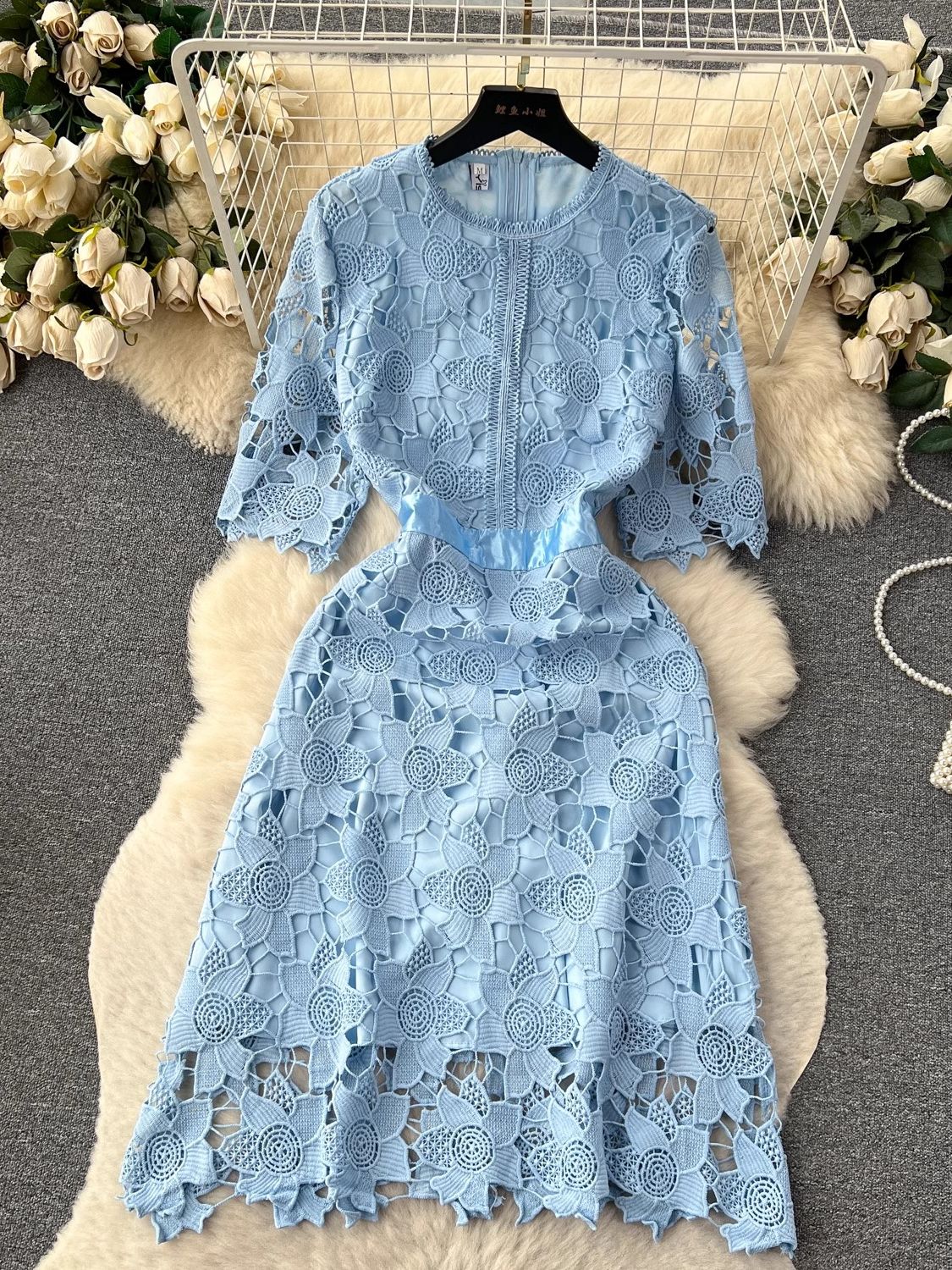 Summer Elegant Flower Embroidery Water Soluble Lace Dress Women Short Sleeve O-Neck High Waist Hollow Out Midi Party Vestidos