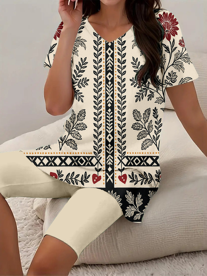 Women Long Sleeve V-neck Graphic Floral Printed Top